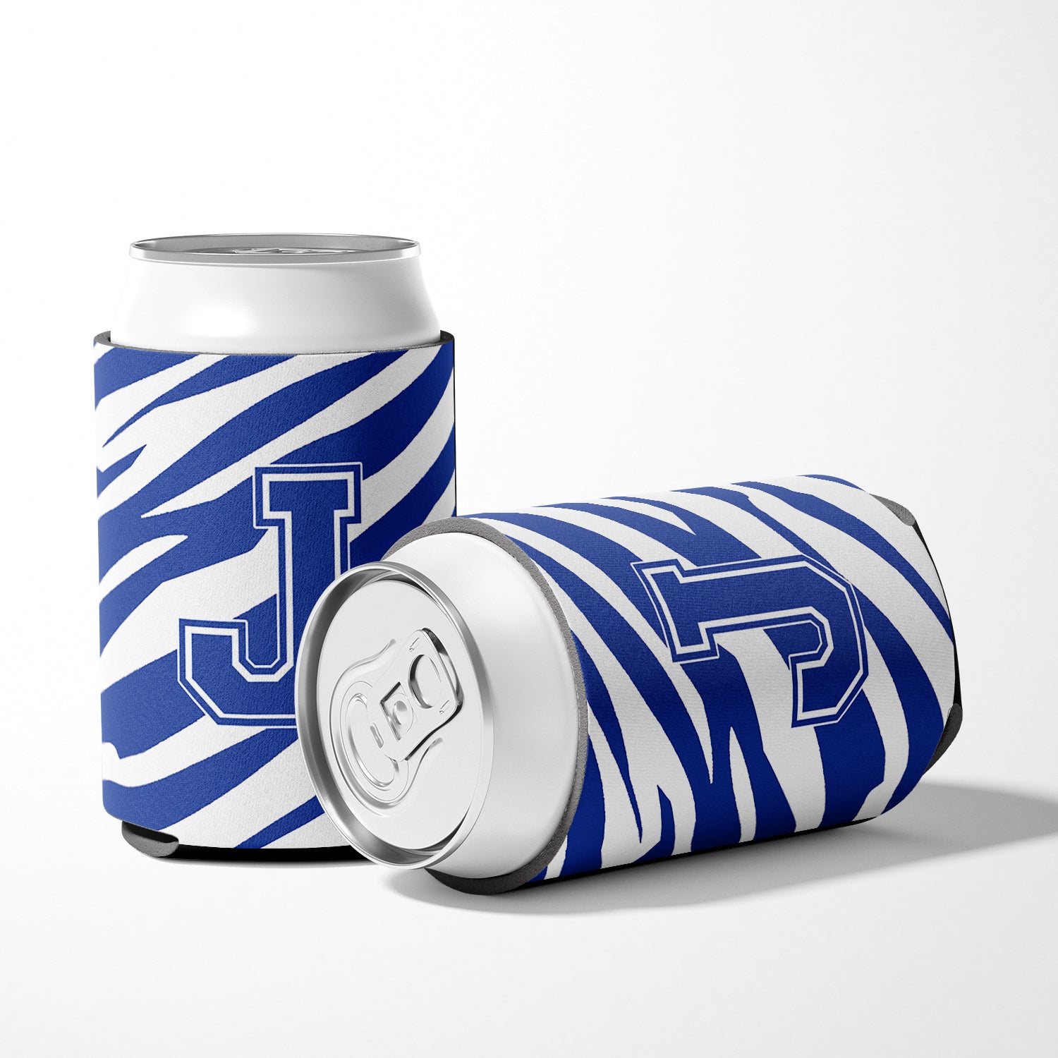 Letter J Initial Monogram - Tiger Stripe Blue and White Can Beverage Insulator Hugger.