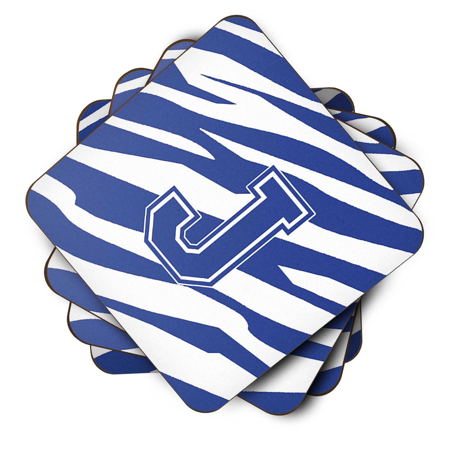 Set of 4 Monogram - Tiger Stripe Blue and White Foam Coasters Initial Letter J - the-store.com