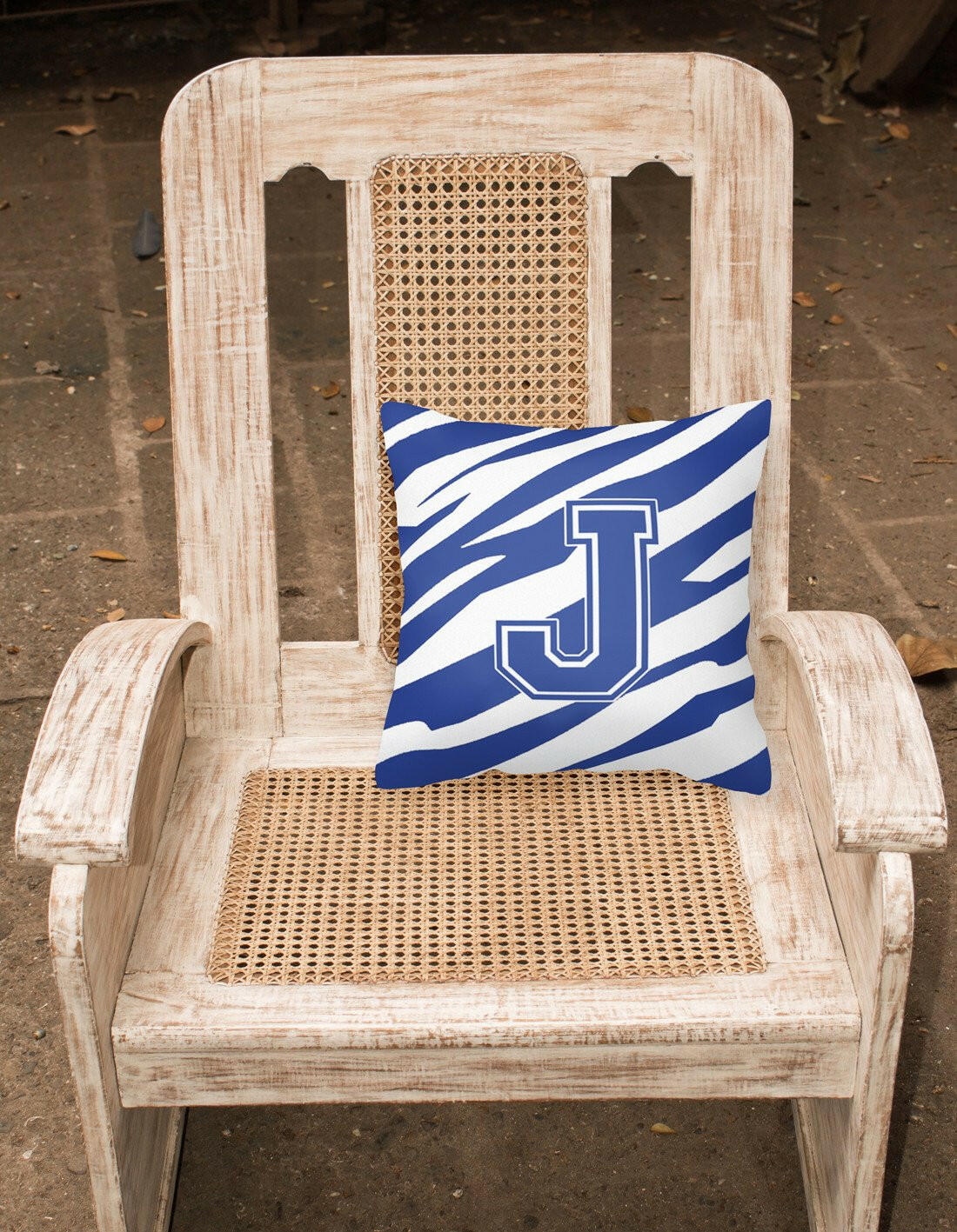 Monogram Initial J Tiger Stripe Blue and White Decorative Canvas Fabric Pillow - the-store.com