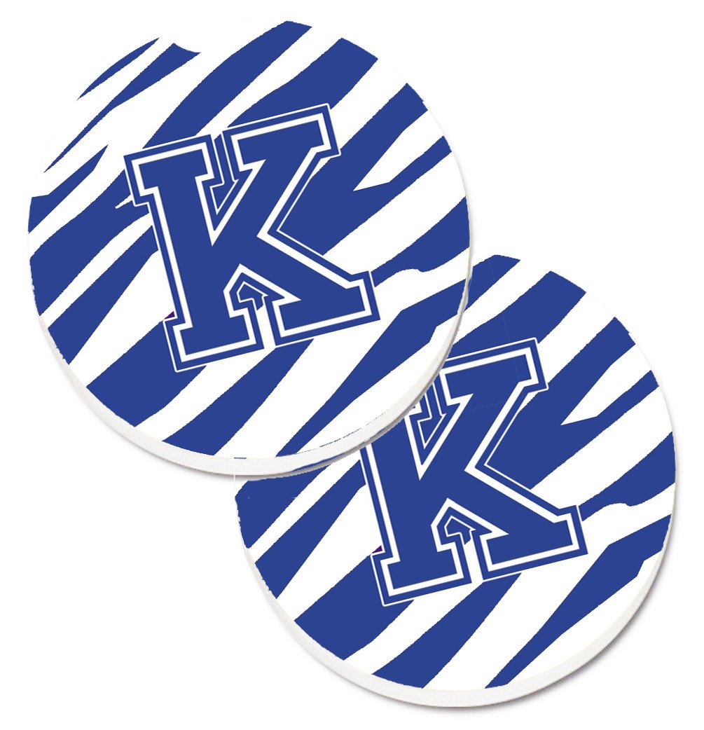 Monogram Initial K Tiger Stripe Blue and White Set of 2 Cup Holder Car Coasters CJ1034-KCARC by Caroline&#39;s Treasures