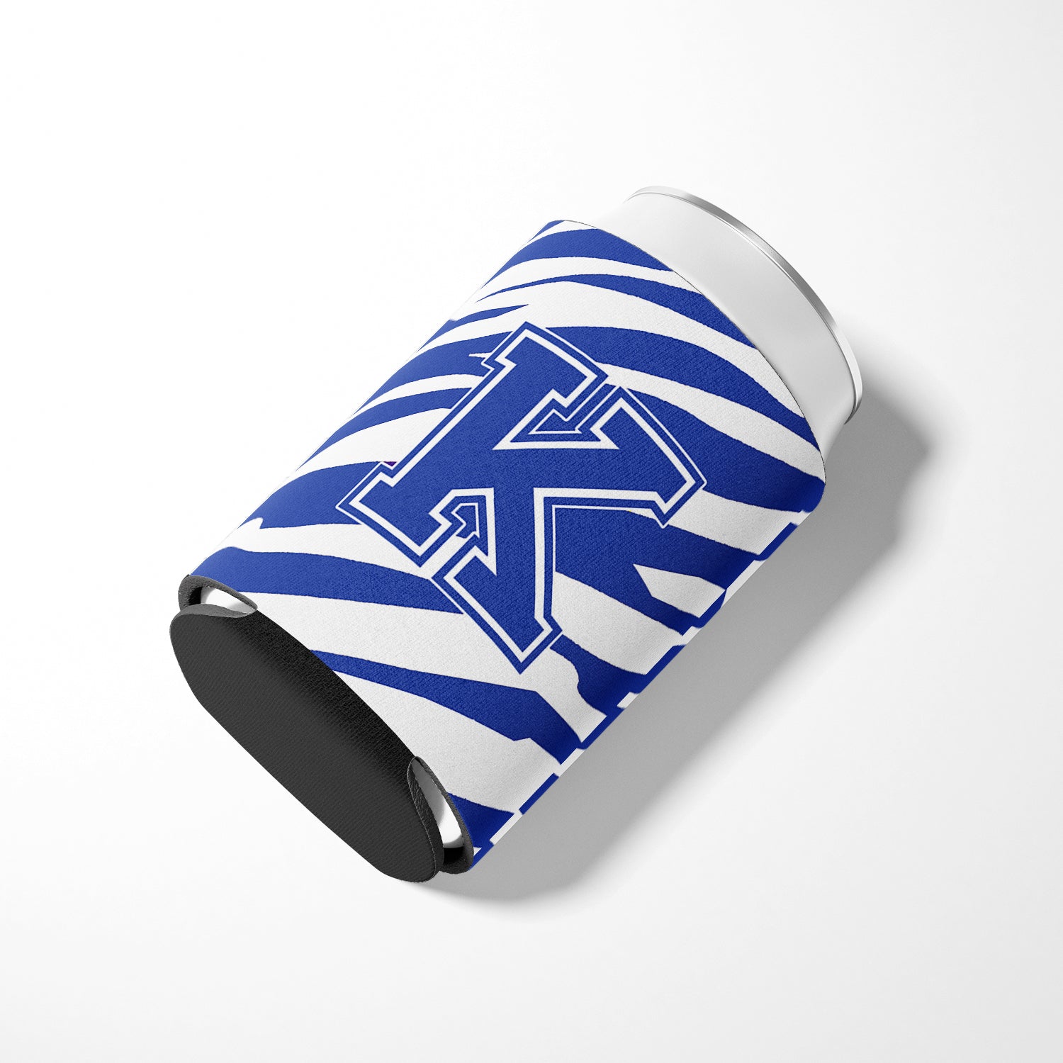 Letter K Initial Monogram - Tiger Stripe Blue and White Can Beverage Insulator Hugger