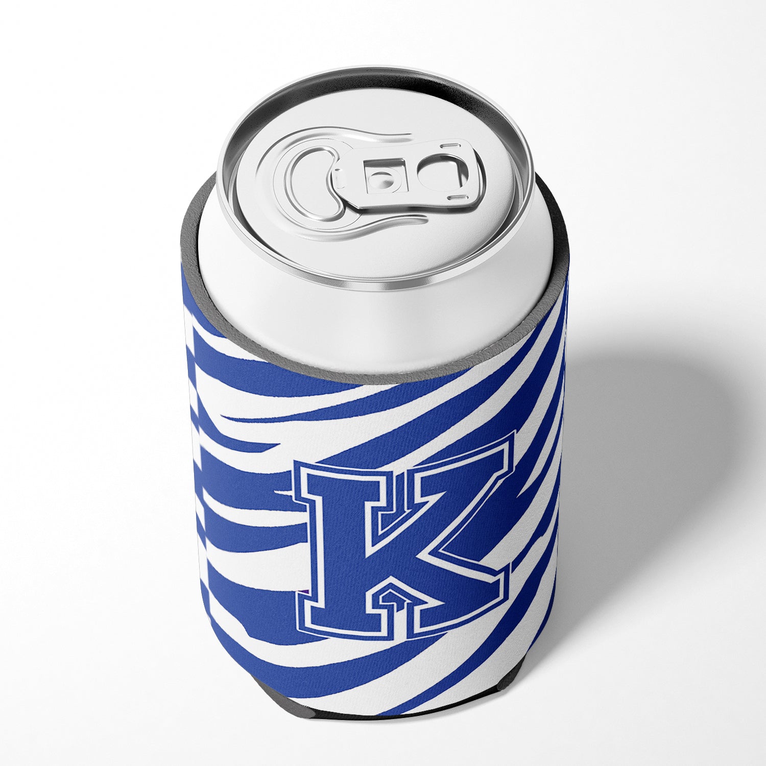 Letter K Initial Monogram - Tiger Stripe Blue and White Can Beverage Insulator Hugger