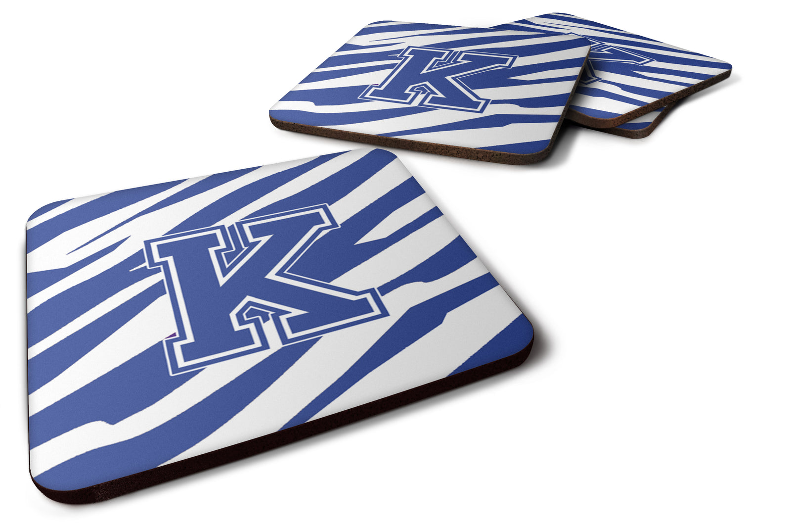 Set of 4 Monogram - Tiger Stripe Blue and White Foam Coasters Initial Letter K - the-store.com