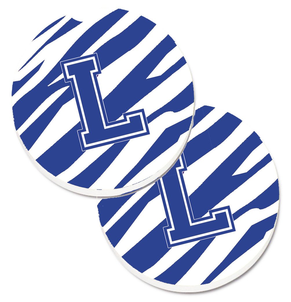 Monogram Initial L Tiger Stripe Blue and White Set of 2 Cup Holder Car Coasters CJ1034-LCARC by Caroline&#39;s Treasures