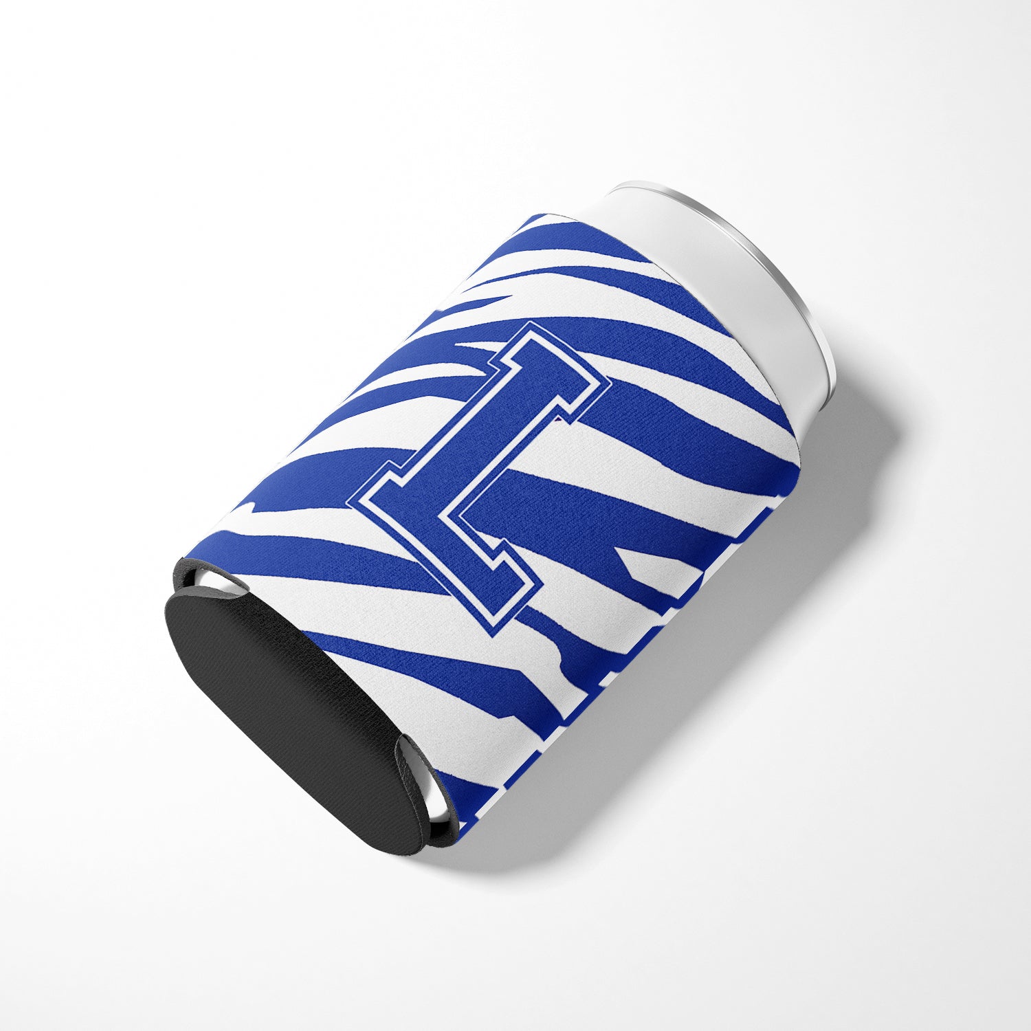 Letter L Initial Monogram - Tiger Stripe Blue and White Can Beverage Insulator Hugger