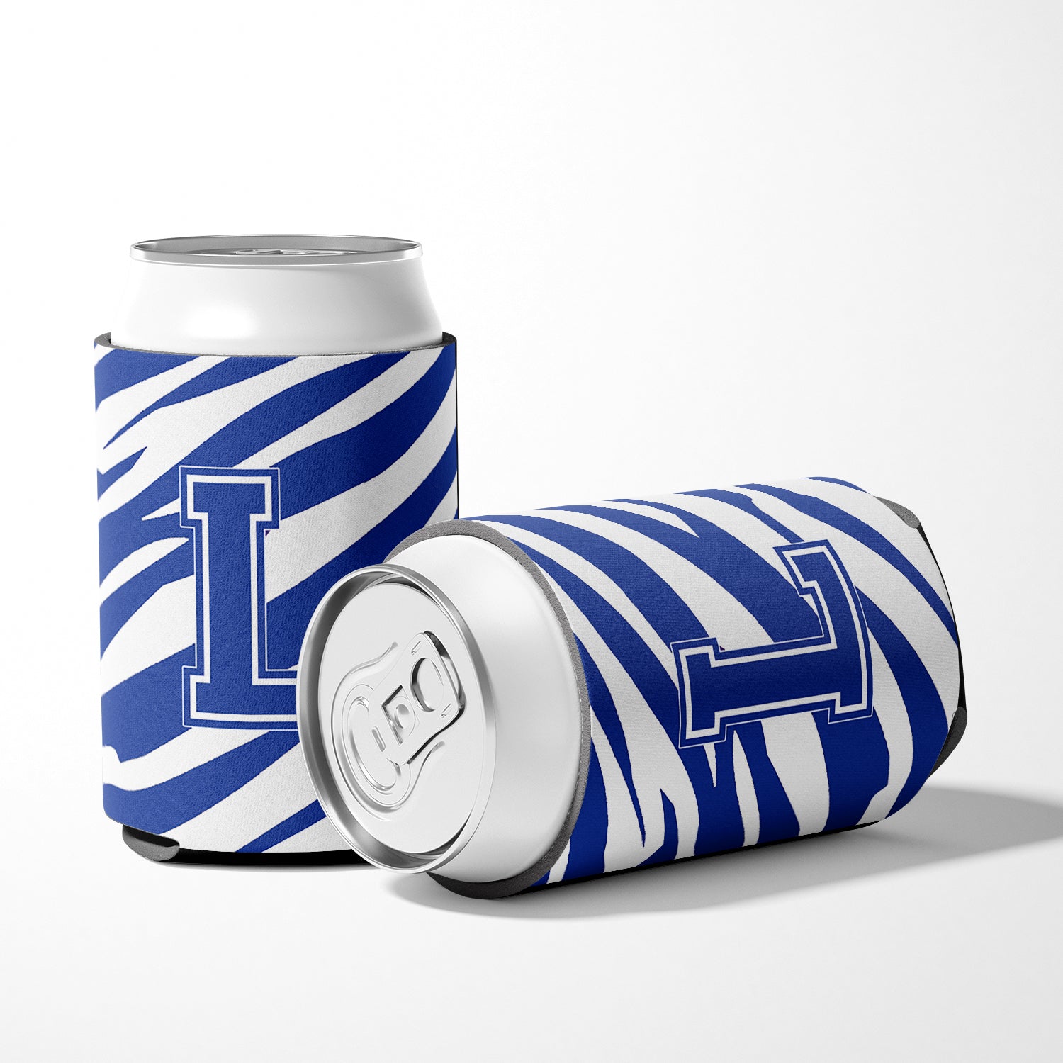Letter L Initial Monogram - Tiger Stripe Blue and White Can Beverage Insulator Hugger.