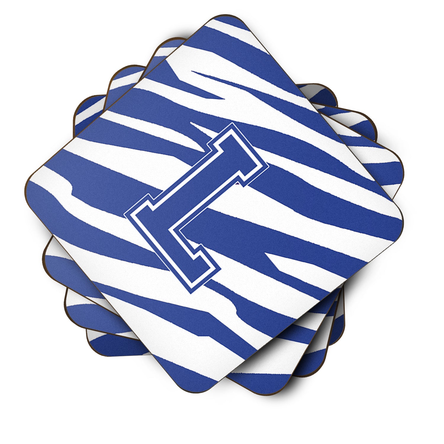 Set of 4 Monogram - Tiger Stripe Blue and White Foam Coasters Initial Letter L - the-store.com