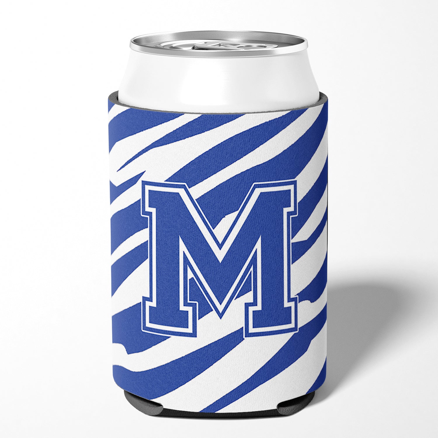 Letter M Initial Monogram - Tiger Stripe Blue and White Can Beverage Insulator Hugger.