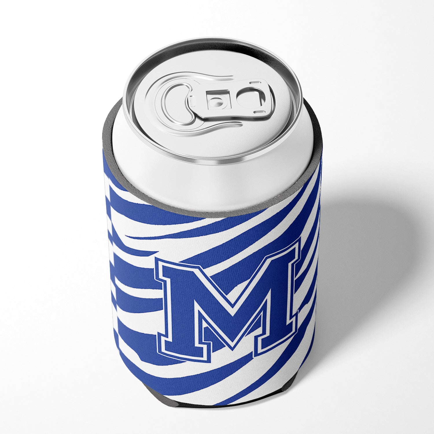 Letter M Initial Monogram - Tiger Stripe Blue and White Can Beverage Insulator Hugger