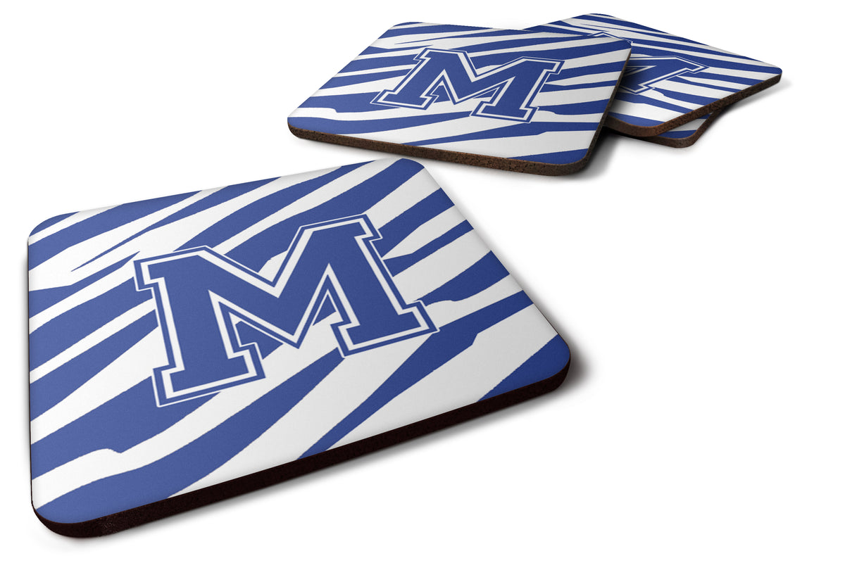 Set of 4 Monogram - Tiger Stripe Blue and White Foam Coasters Initial Letter M - the-store.com