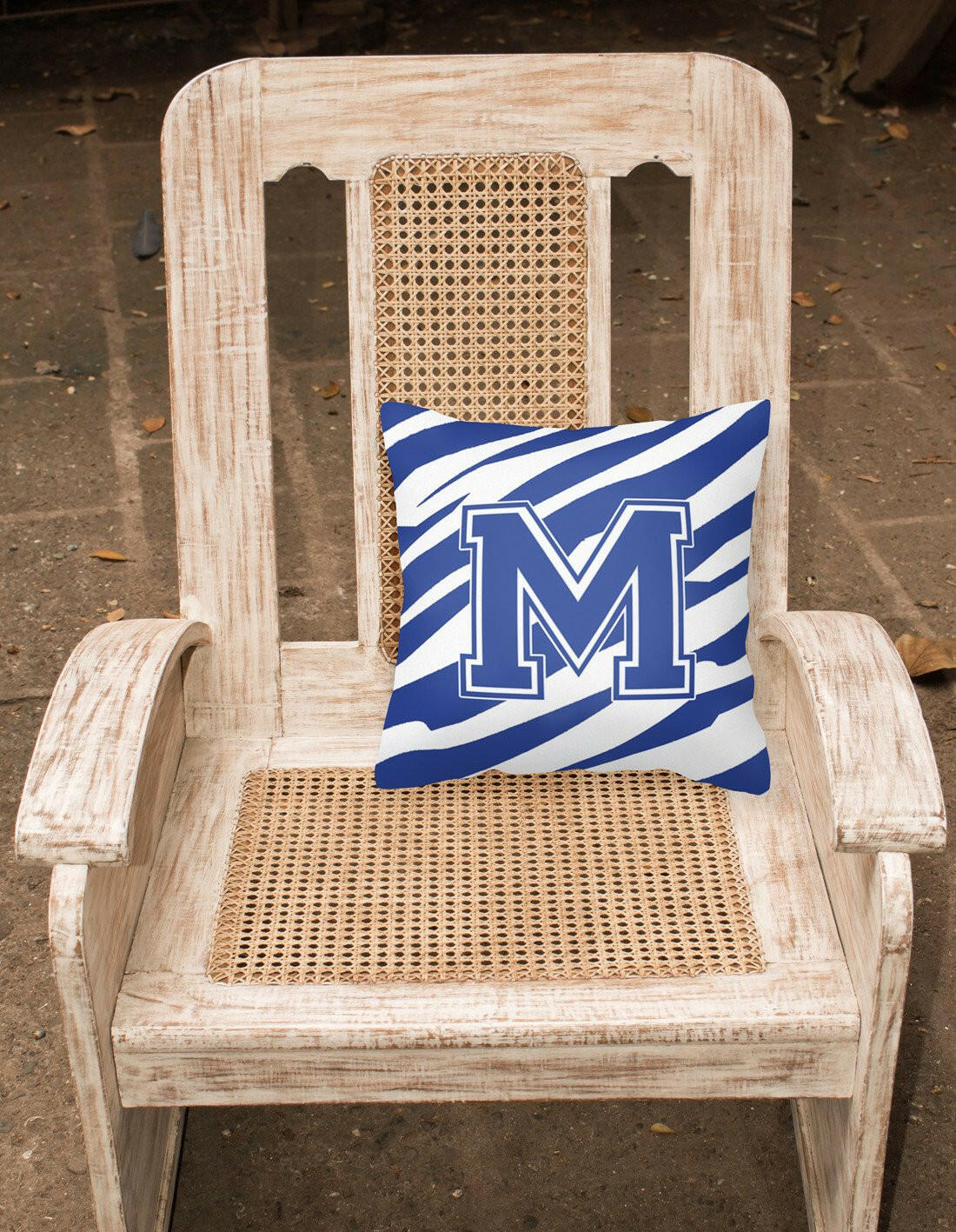 Monogram Initial M Tiger Stripe Blue and White Decorative  Canvas Fabric Pillow - the-store.com