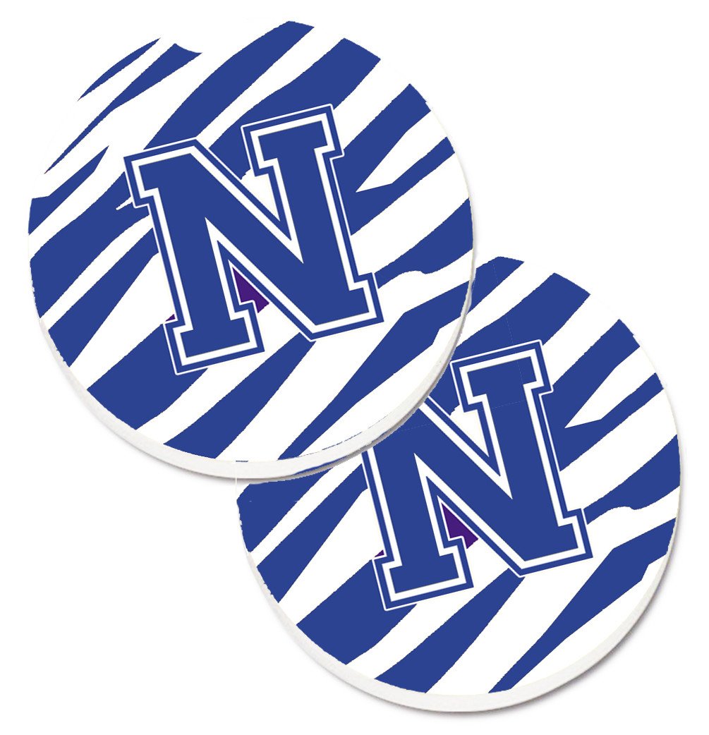 Monogram Initial N Tiger Stripe Blue and White Set of 2 Cup Holder Car Coasters CJ1034-NCARC by Caroline&#39;s Treasures