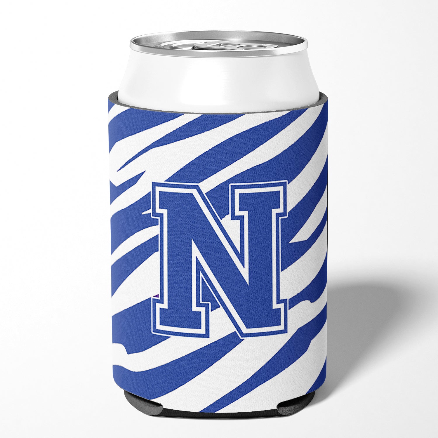Letter N Initial Monogram - Tiger Stripe Blue and White Can Beverage Insulator Hugger.
