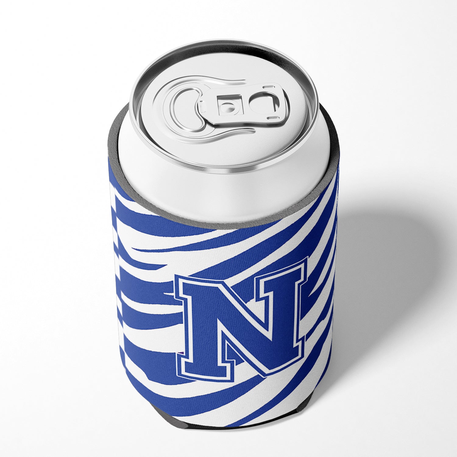 Monogramme initial de la lettre N - Tiger Stripe Blue and White Can Beverage Insulator Hugger