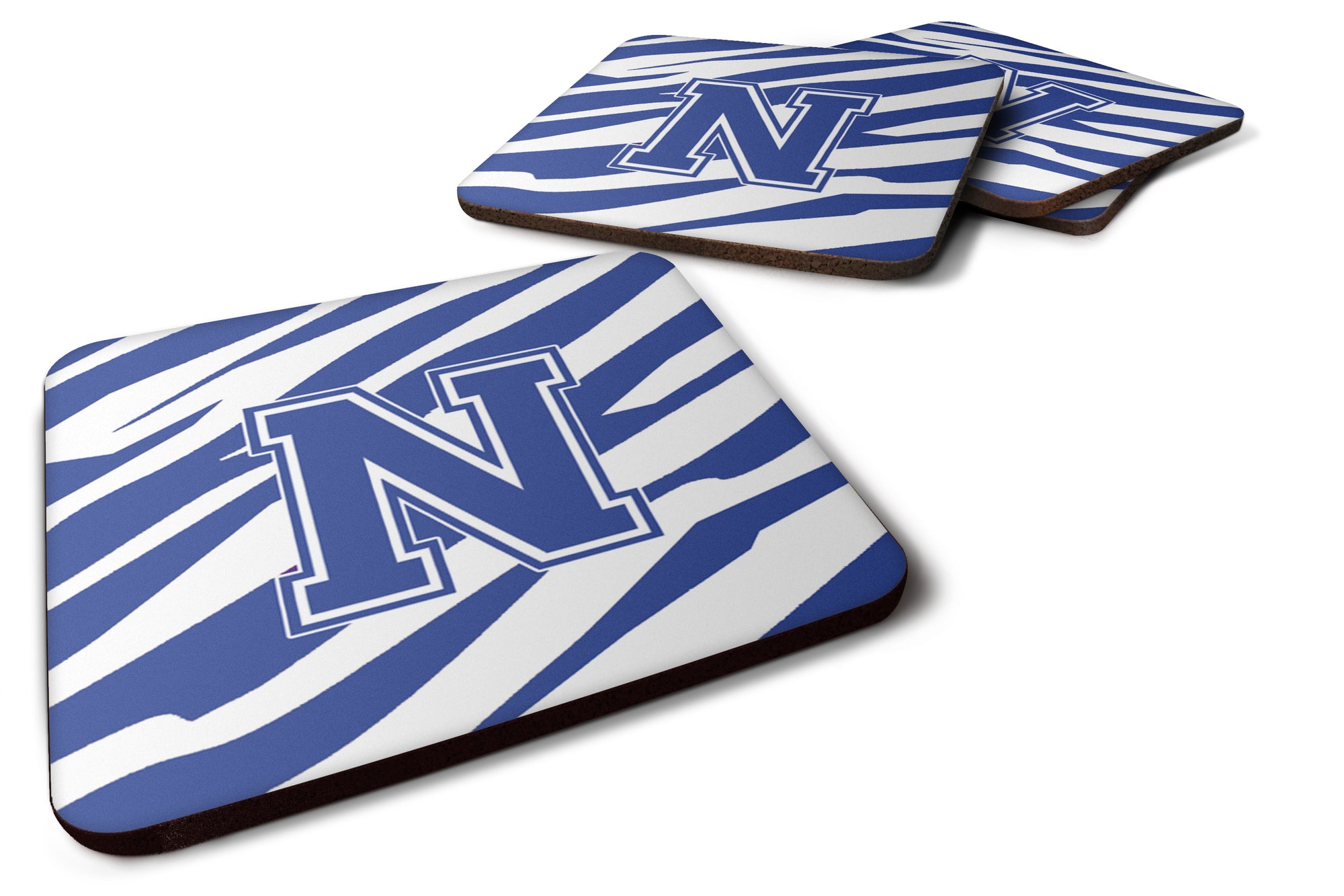 Set of 4 Monogram - Tiger Stripe Blue and White Foam Coasters Initial Letter N - the-store.com