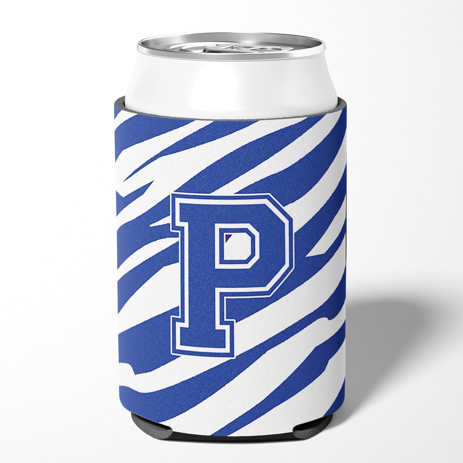 Letter P Initial Monogram - Tiger Stripe Blue and White Can Beverage Insulator Hugger