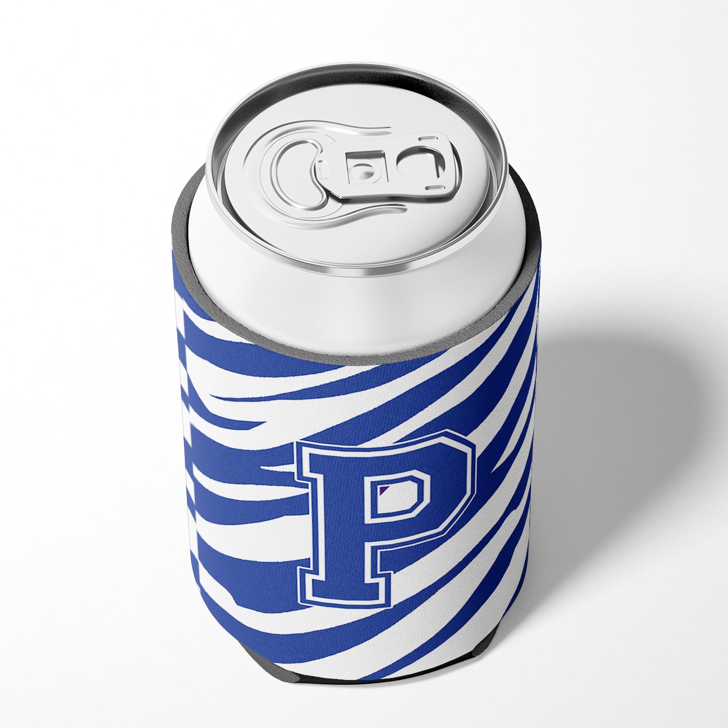 Letter P Initial Monogram - Tiger Stripe Blue and White Can Beverage Insulator Hugger.
