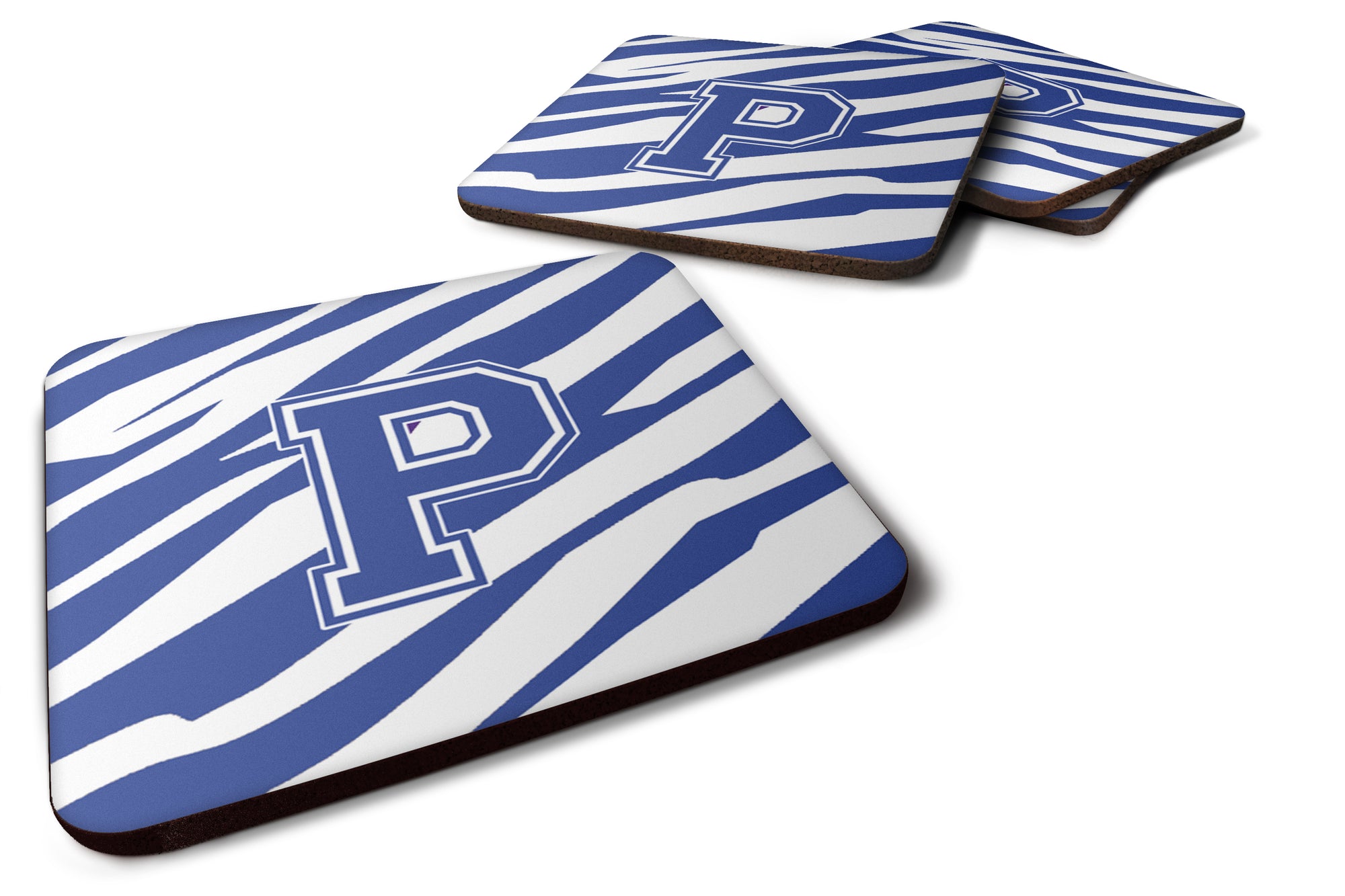 Set of 4 Monogram - Tiger Stripe Blue and White Foam Coasters Initial Letter P - the-store.com