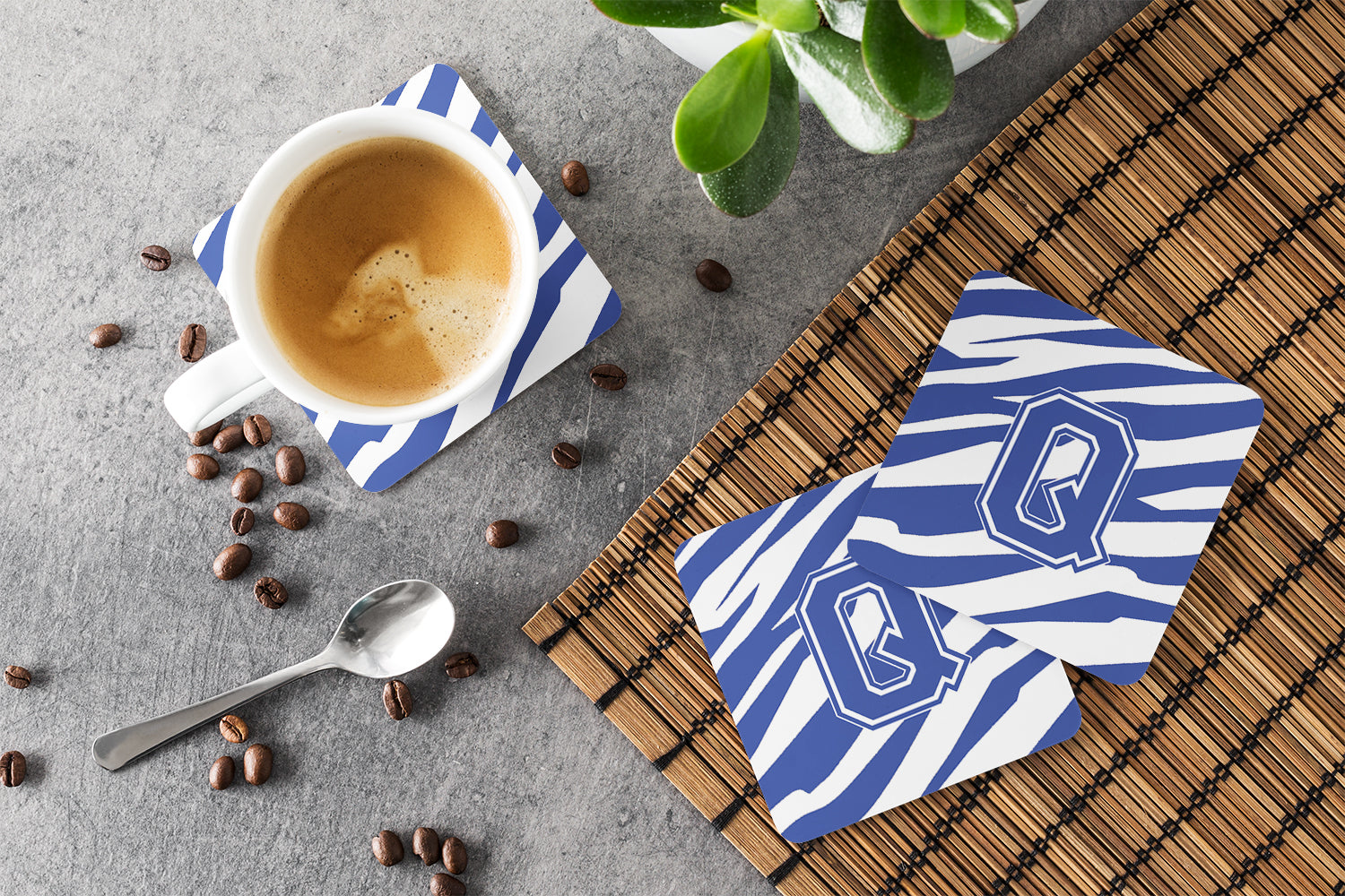 Set of 4 Monogram - Tiger Stripe Blue and White Foam Coasters Initial Letter Q - the-store.com