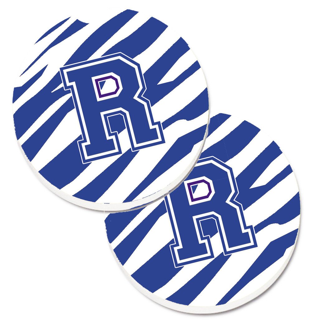 Monogram Initial R Tiger Stripe Blue and White Set of 2 Cup Holder Car Coasters CJ1034-RCARC by Caroline&#39;s Treasures
