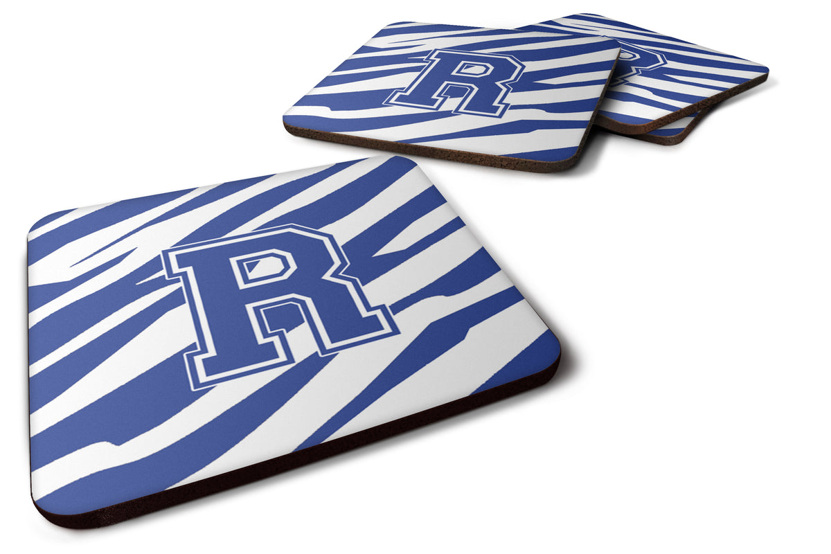 Set of 4 Monogram - Tiger Stripe Blue and White Foam Coasters Initial Letter R - the-store.com