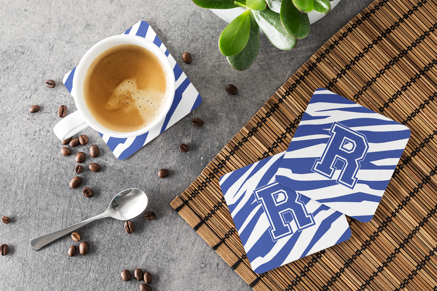 Set of 4 Monogram - Tiger Stripe Blue and White Foam Coasters Initial Letter R - the-store.com