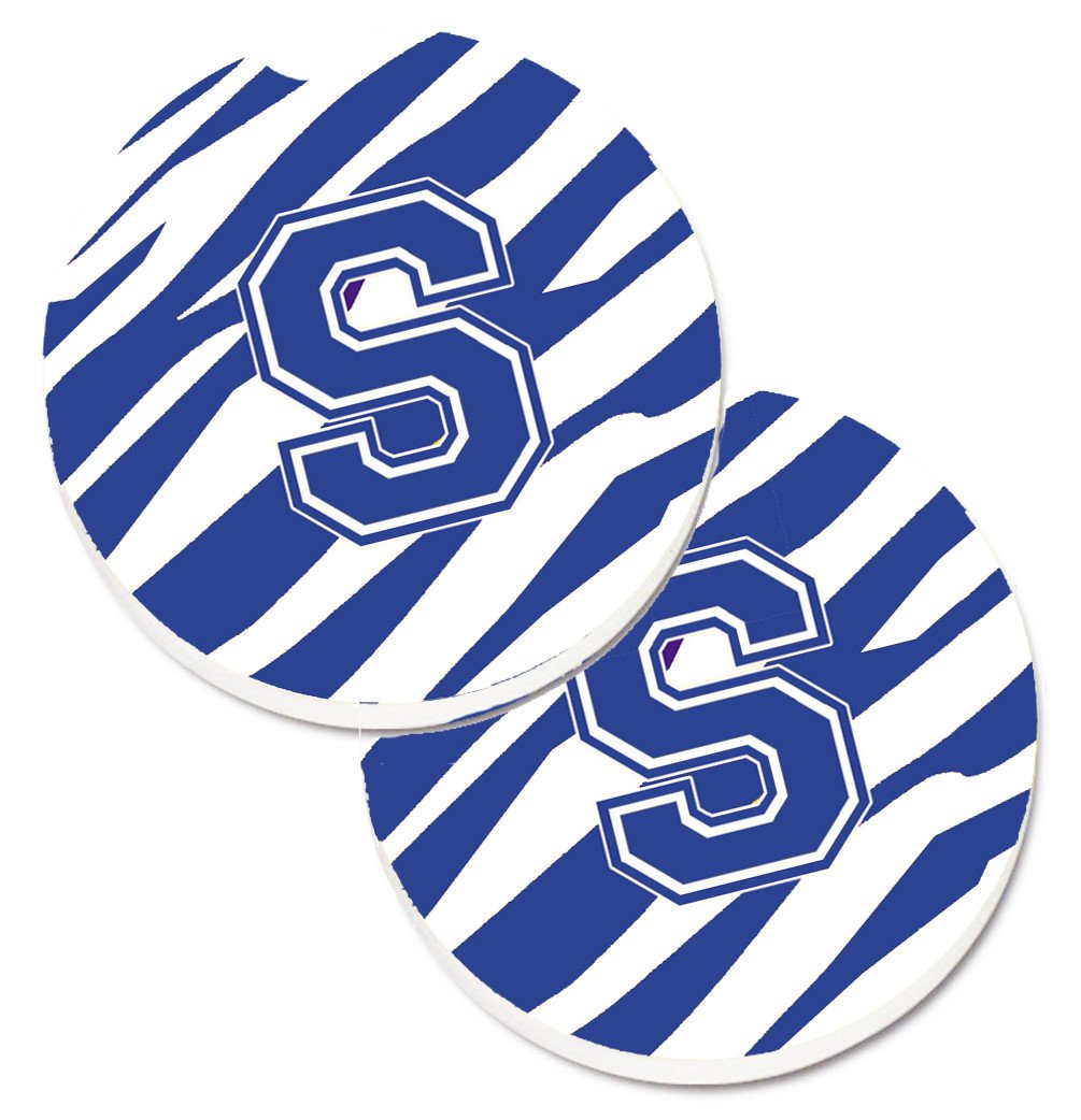 Monogram Initial S Tiger Stripe Blue and White Set of 2 Cup Holder Car Coasters CJ1034-SCARC by Caroline&#39;s Treasures