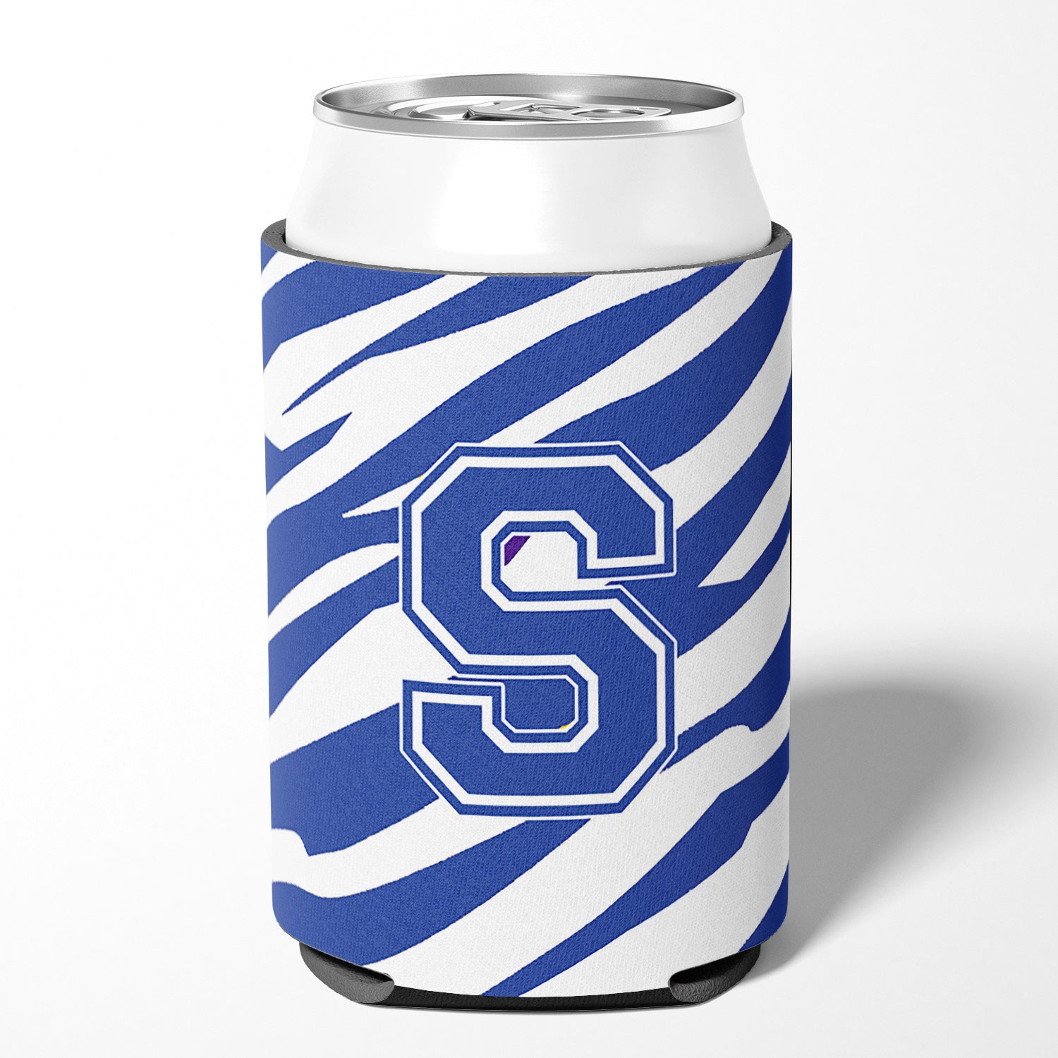 Letter S Initial Monogram - Tiger Stripe Blue and White Can Beverage Insulator Hugger