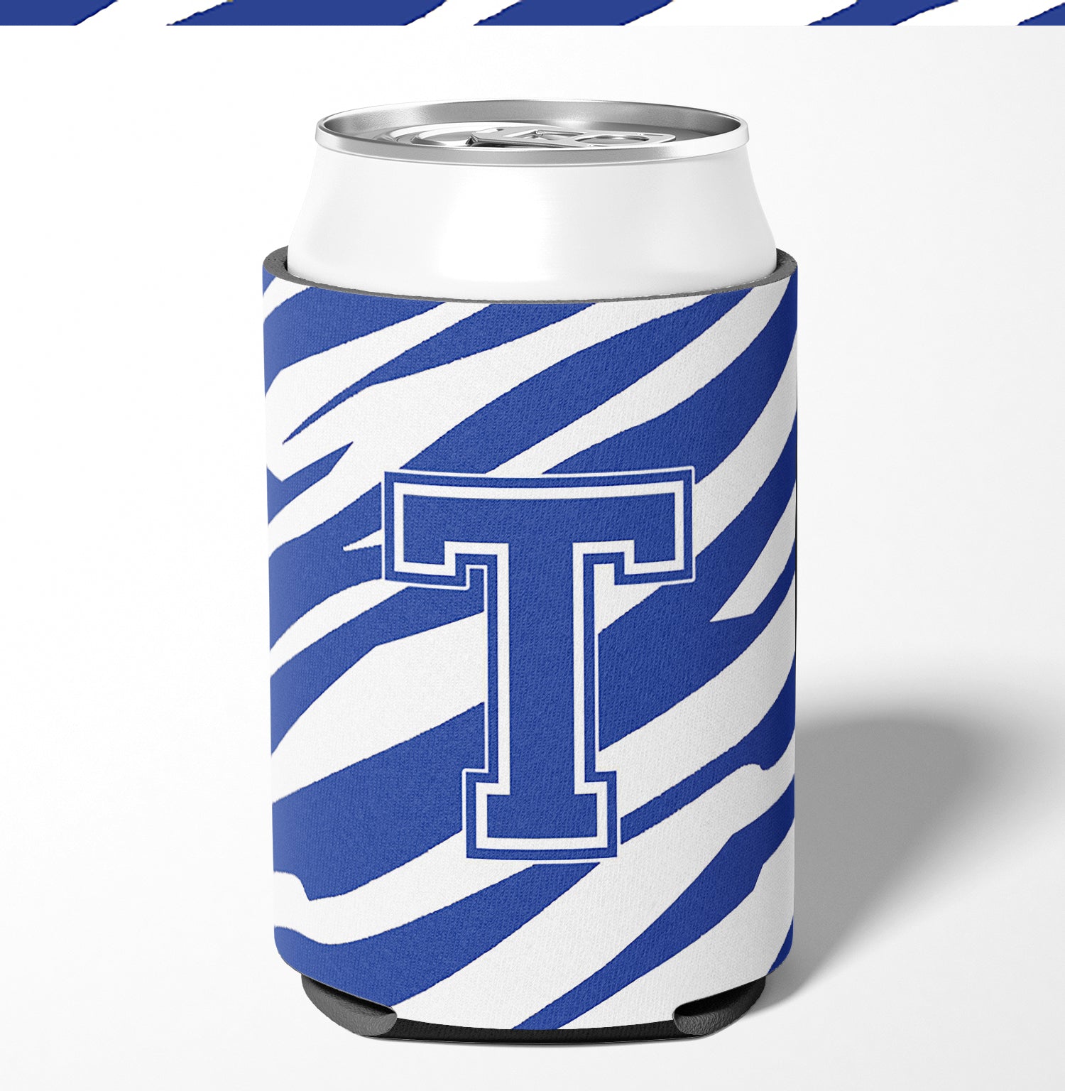 Letter T Initial Monogram - Tiger Stripe Blue and White Can Beverage Insulator Hugger