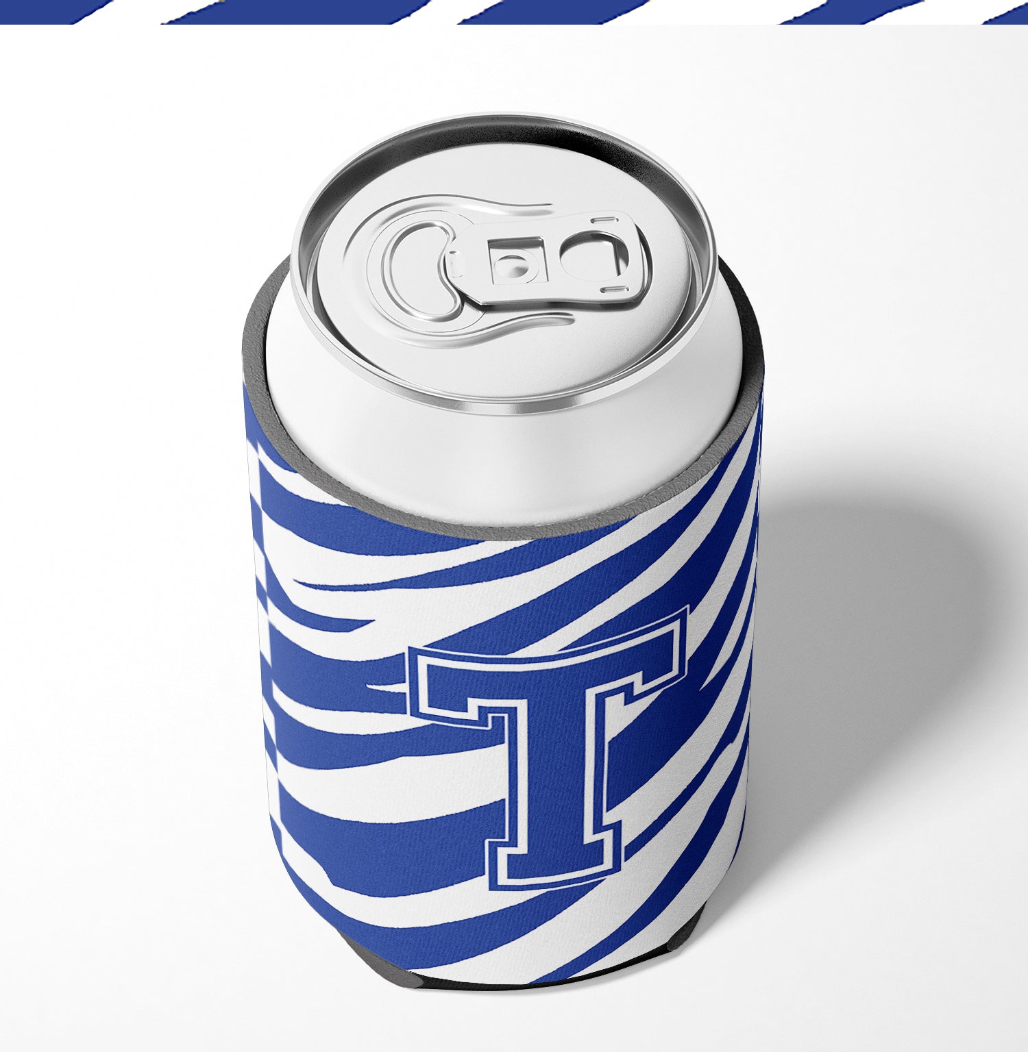 Letter T Initial Monogram - Tiger Stripe Blue and White Can Beverage Insulator Hugger.