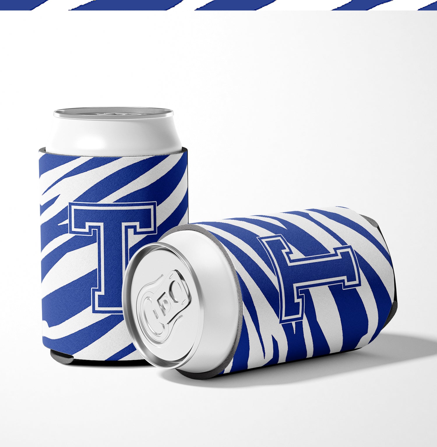 Letter T Initial Monogram - Tiger Stripe Blue and White Can Beverage Insulator Hugger