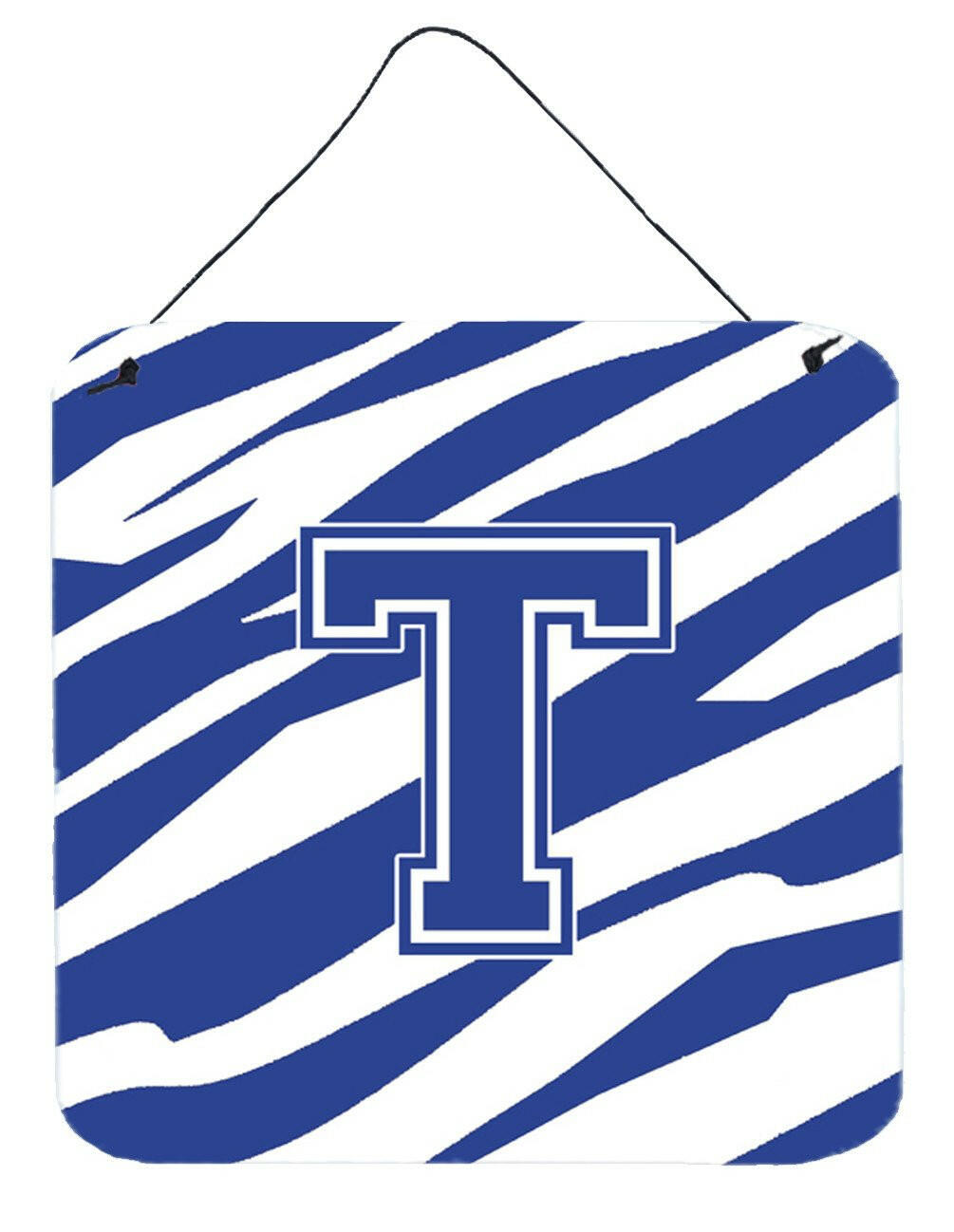 Letter T Initial Tiger Stripe Blue and White Wall or Door Hanging Prints by Caroline&#39;s Treasures