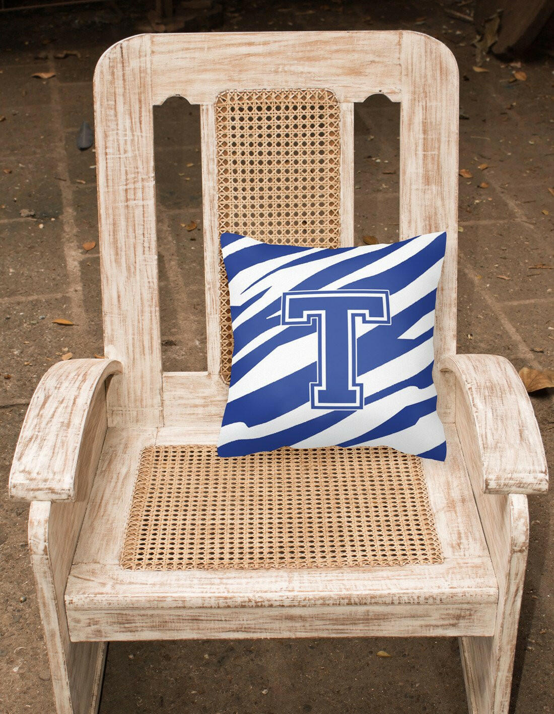 Monogram Initial T Tiger Stripe Blue and White Decorative Canvas Fabric Pillow - the-store.com