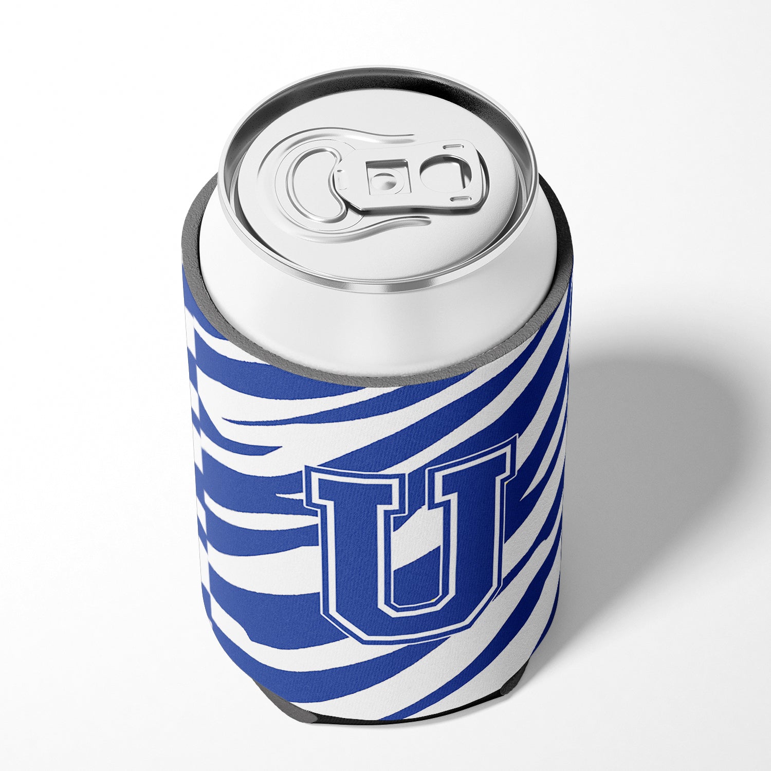 Letter U Initial Monogram - Tiger Stripe Blue and White Can Beverage Insulator Hugger