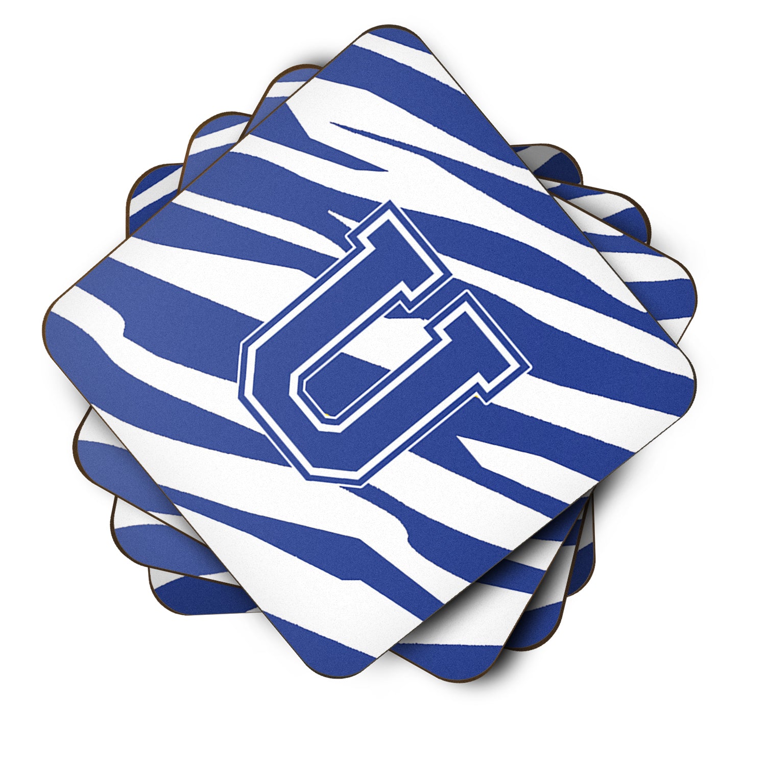 Set of 4 Monogram - Tiger Stripe Blue and White Foam Coasters Initial Letter U - the-store.com