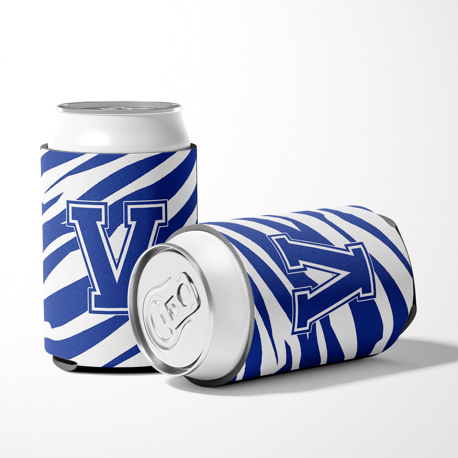 Letter V Initial Monogram - Tiger Stripe Blue and White Can Beverage Insulator Hugger.