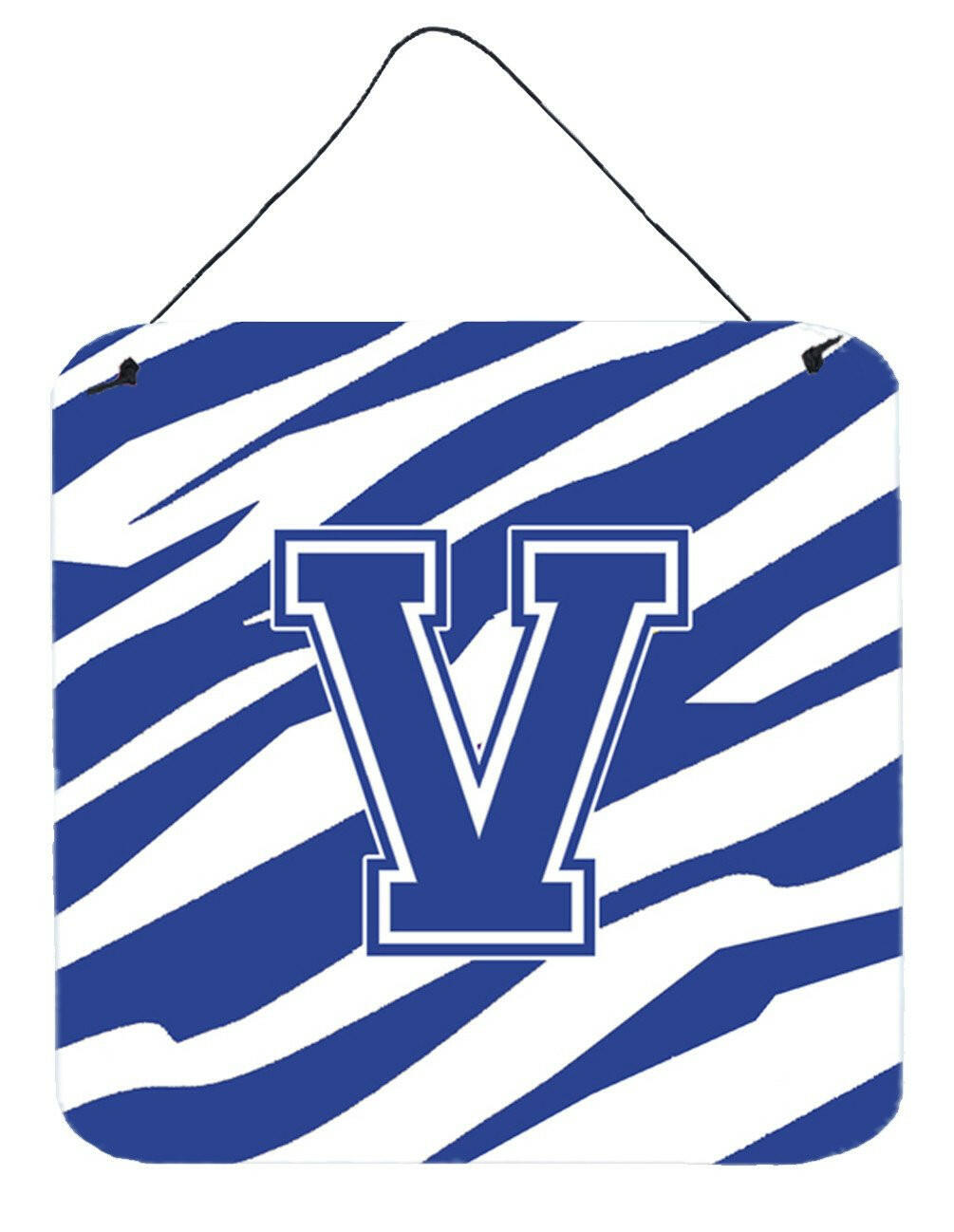 Letter V Initial Tiger Stripe Blue and White Wall or Door Hanging Prints by Caroline&#39;s Treasures
