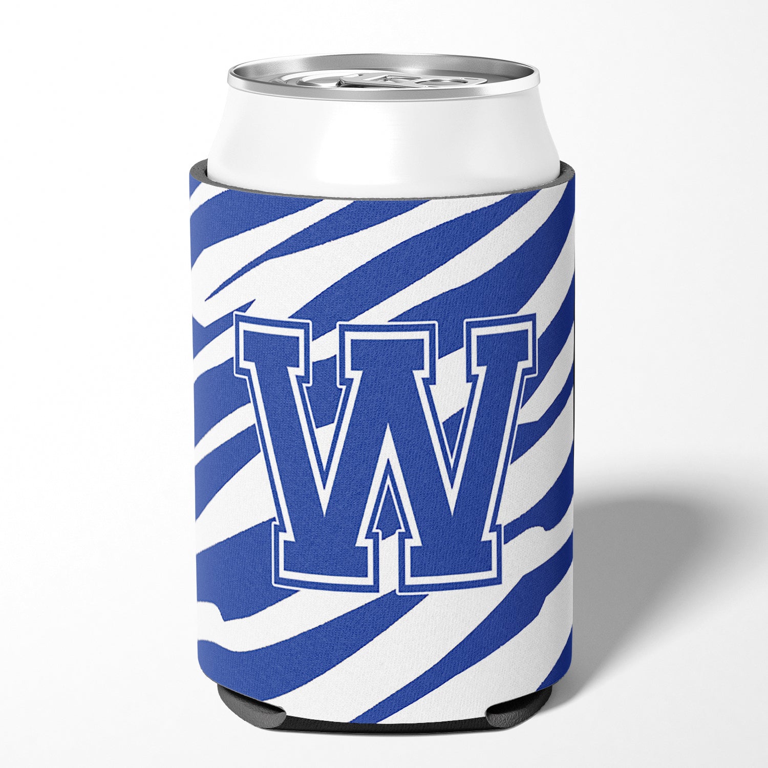 Letter W Initial Monogram - Tiger Stripe Blue and White Can Beverage Insulator Hugger