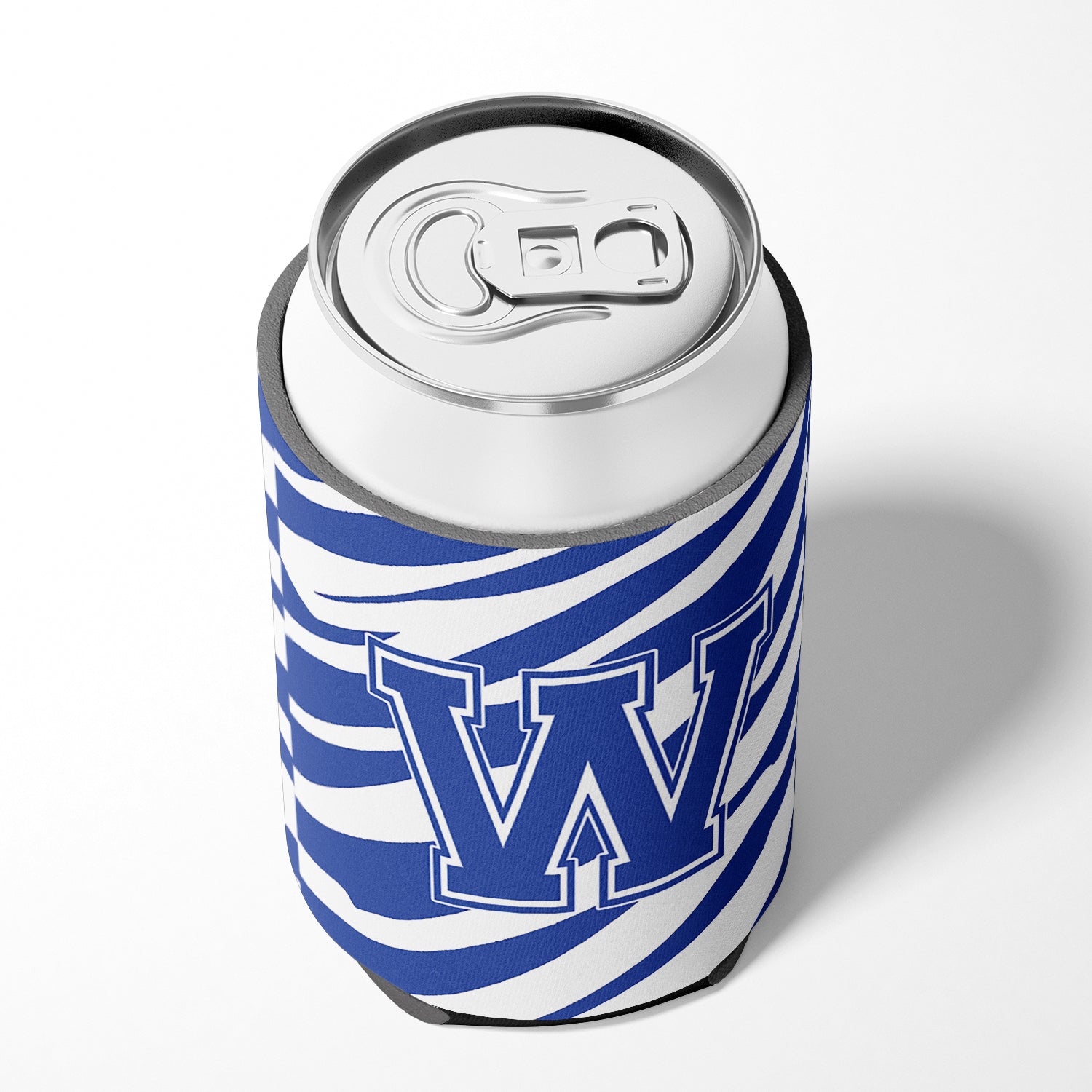 Letter W Initial Monogram - Tiger Stripe Blue and White Can Beverage Insulator Hugger.