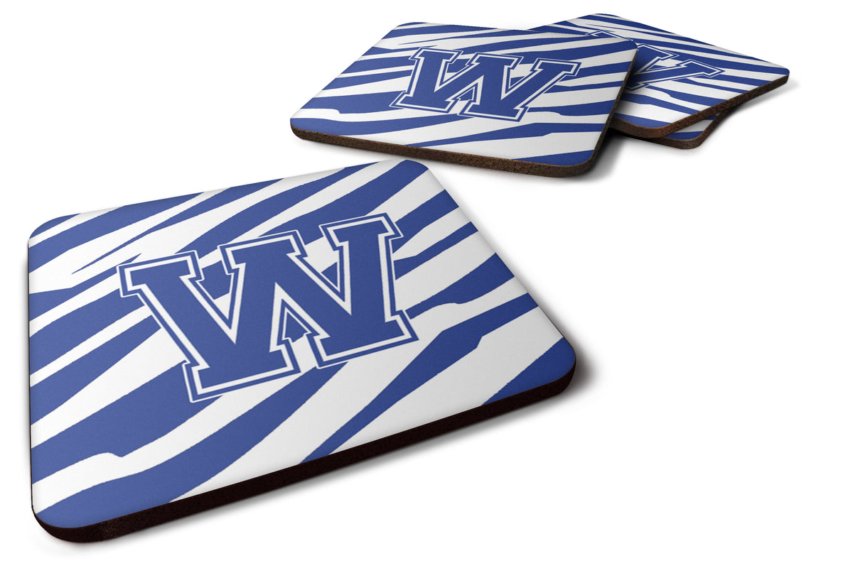Set of 4 Monogram - Tiger Stripe Blue and White Foam Coasters Initial Letter W - the-store.com