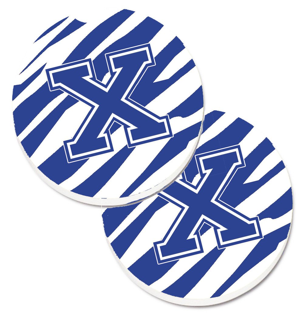 Monogram Initial X Tiger Stripe Blue and White Set of 2 Cup Holder Car Coasters CJ1034-XCARC by Caroline&#39;s Treasures