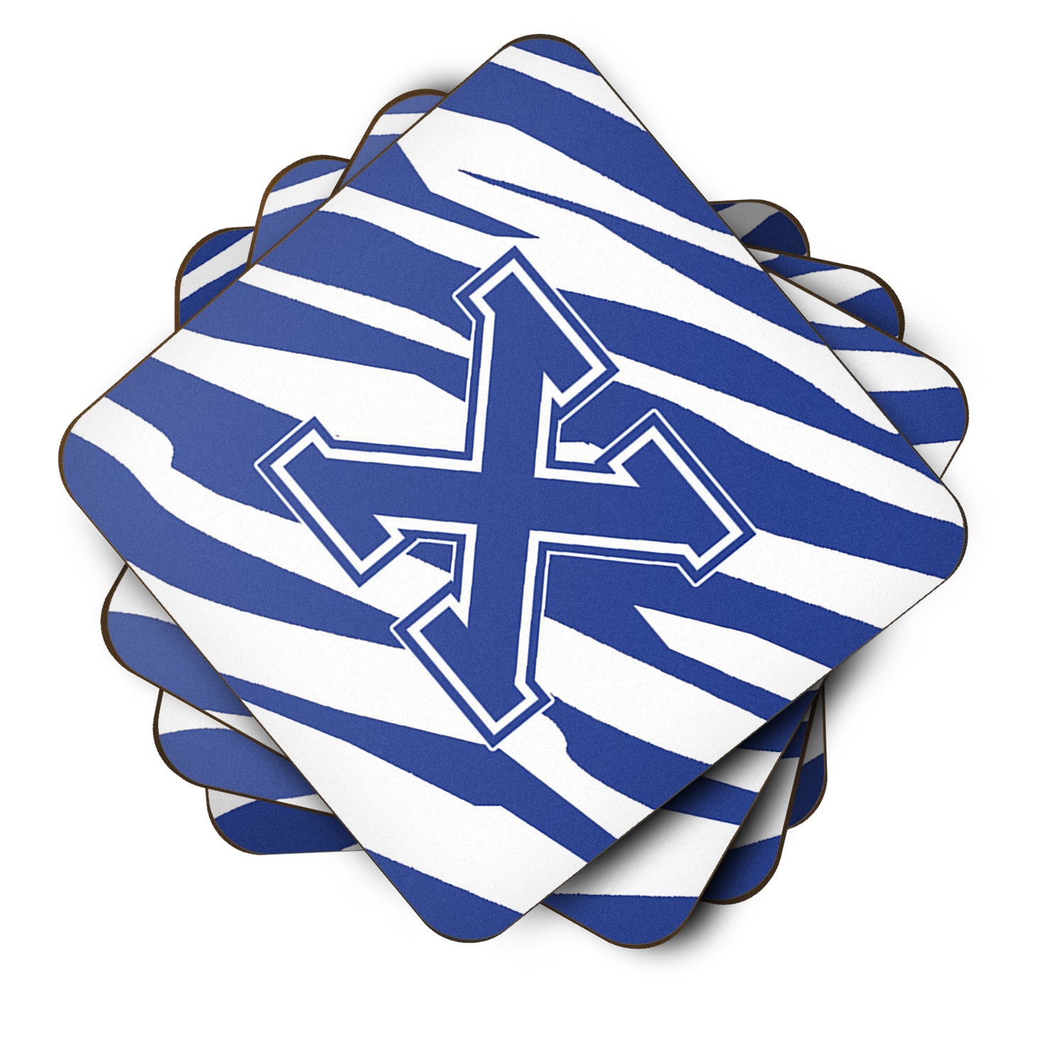 Set of 4 Monogram - Tiger Stripe Blue and White Foam Coasters Initial Letter X - the-store.com