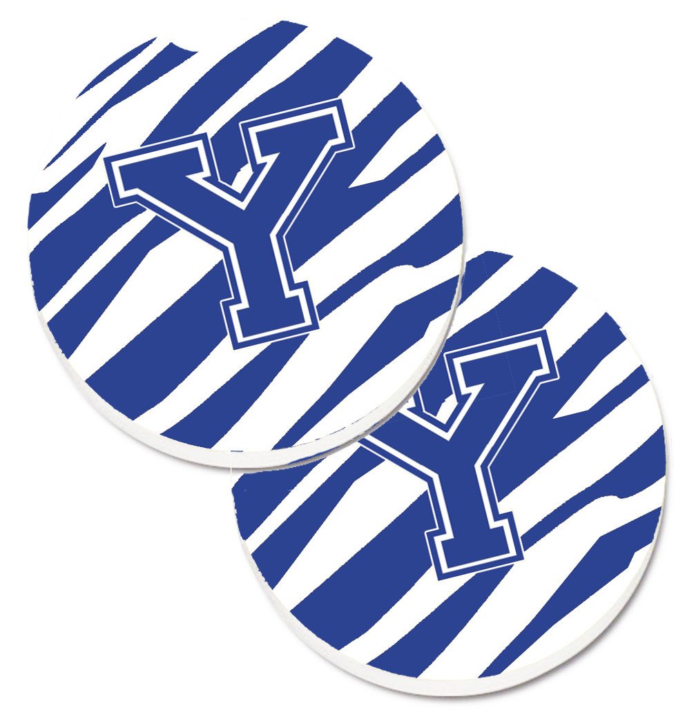 Monogram Initial Y Tiger Stripe Blue and White Set of 2 Cup Holder Car Coasters CJ1034-YCARC by Caroline&#39;s Treasures