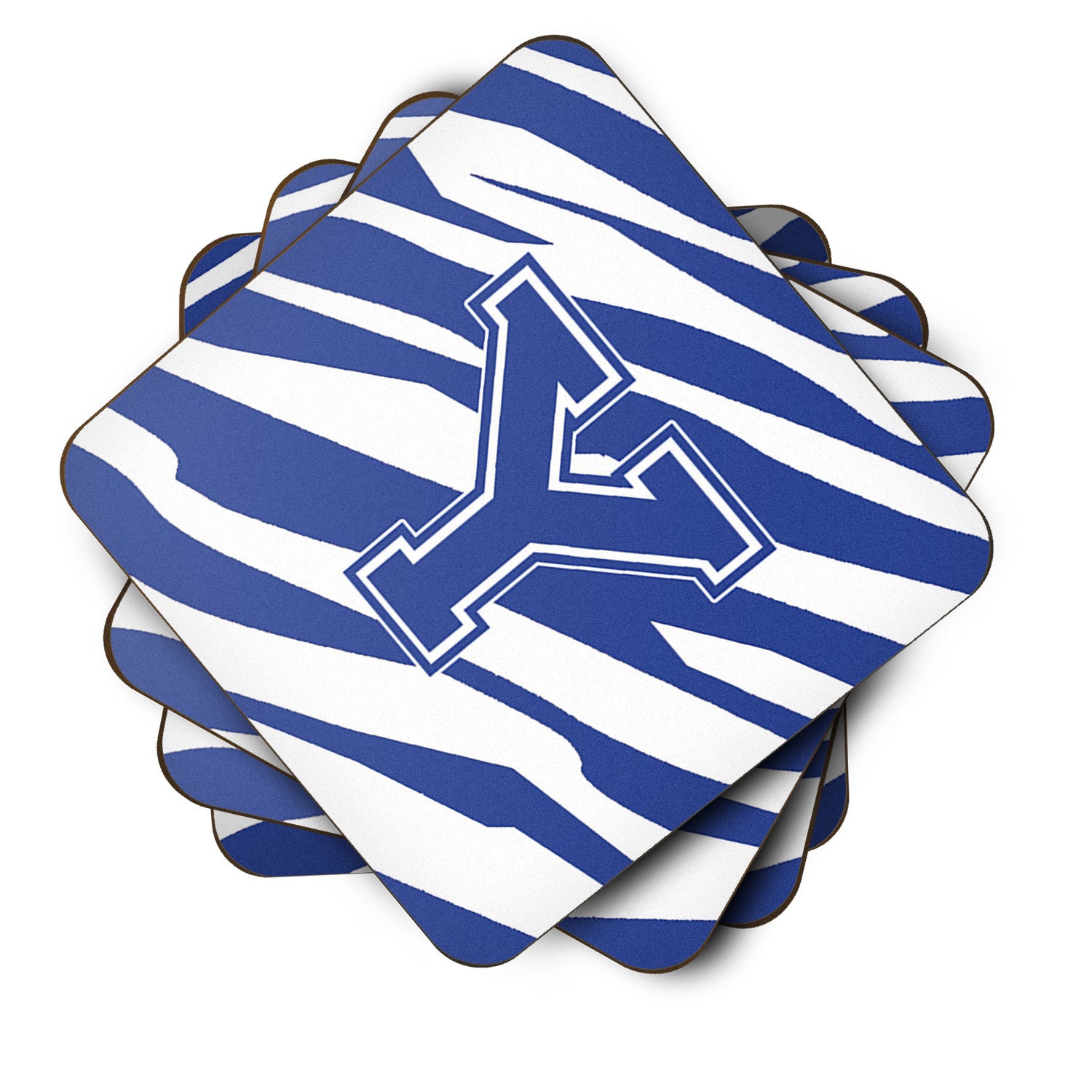 Set of 4 Monogram - Tiger Stripe Blue and White Foam Coasters Initial Letter Y - the-store.com