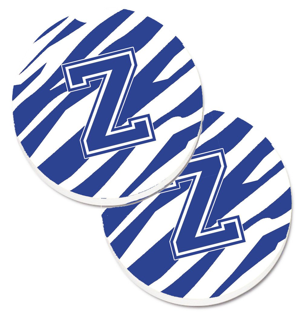 Monogram Initial Z Tiger Stripe Blue and White Set of 2 Cup Holder Car Coasters CJ1034-ZCARC by Caroline&#39;s Treasures