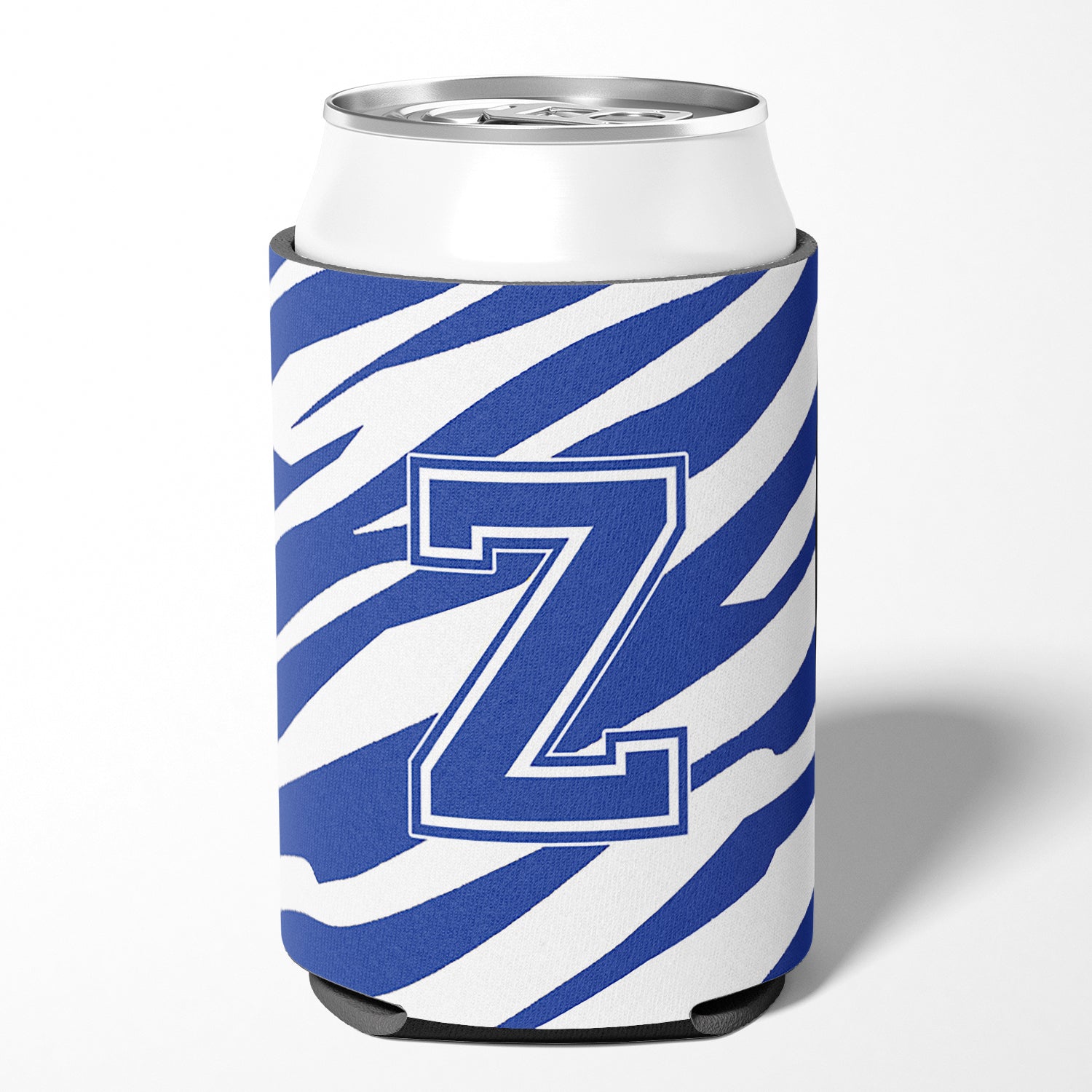 Letter Z Initial Monogram - Tiger Stripe Blue and White Can Beverage Insulator Hugger