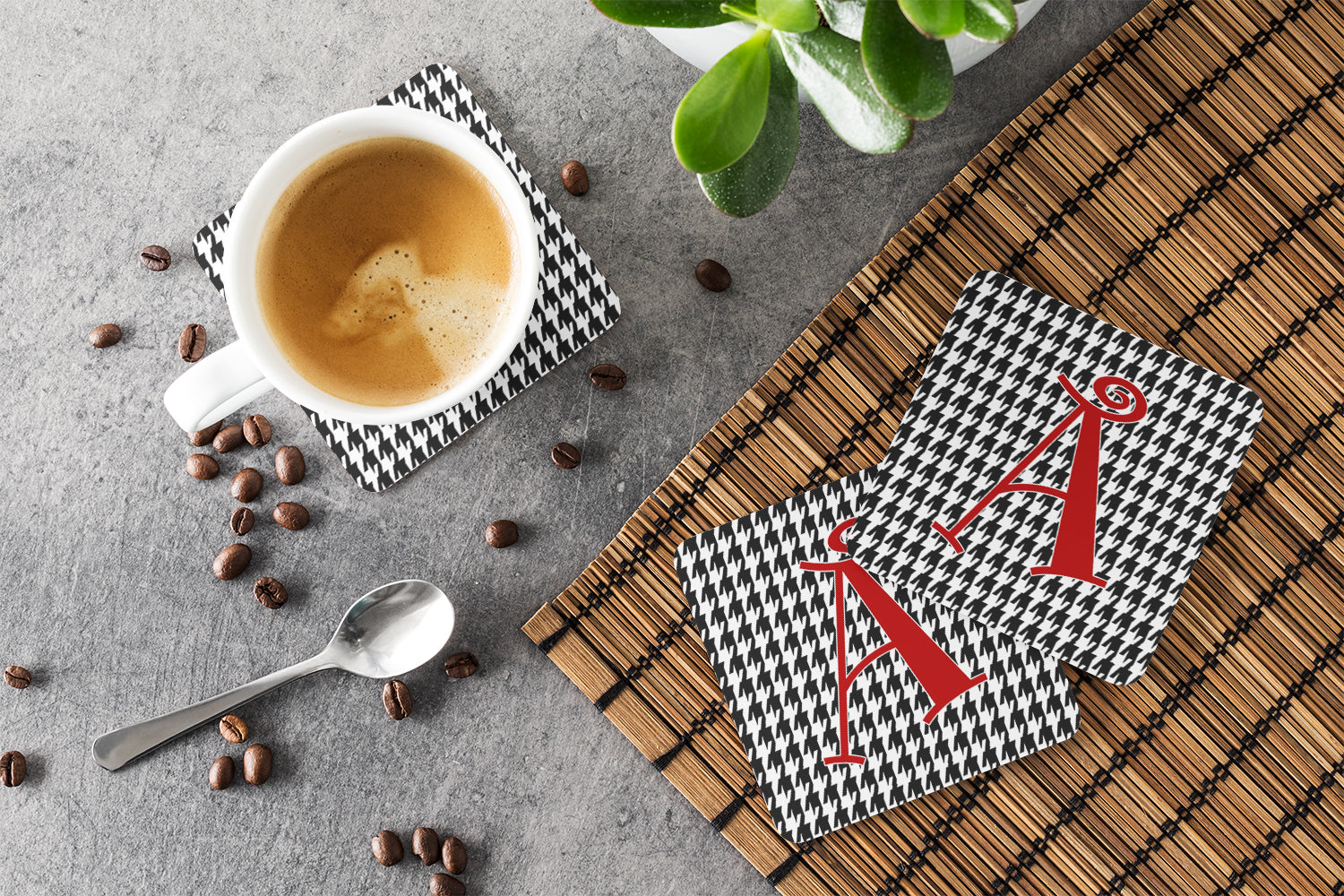 Set of 4 Letter A Monogram - Houndstooth Foam Coasters - the-store.com