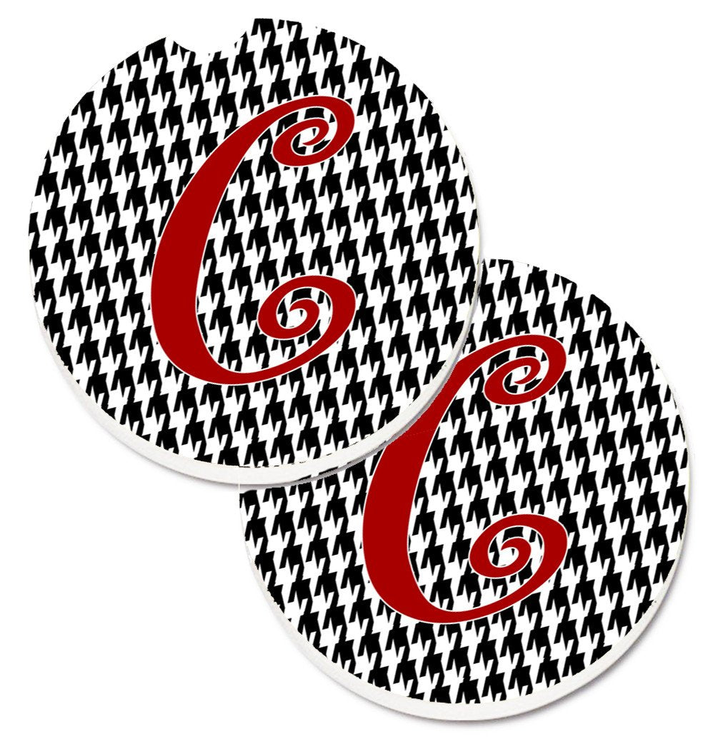 Monogram Initial C Houndstooth Black  Set of 2 Cup Holder Car Coasters CJ1035-CCARC by Caroline&#39;s Treasures