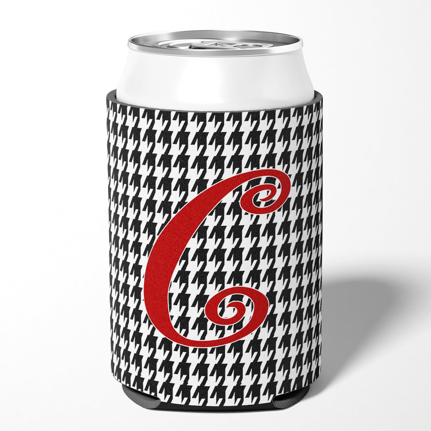 Letter C Initial Monogram - Houndstooth Black Can or Bottle Beverage Insulator Hugger.
