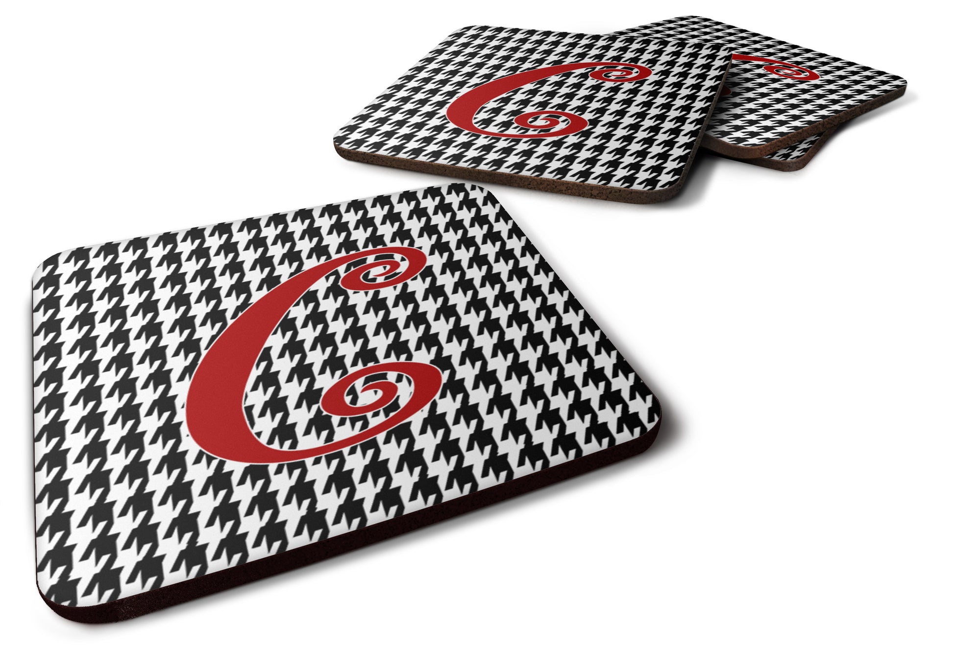 Set of 4 Monogram - Houndstooth Black Foam Coasters Initial Letter C - the-store.com